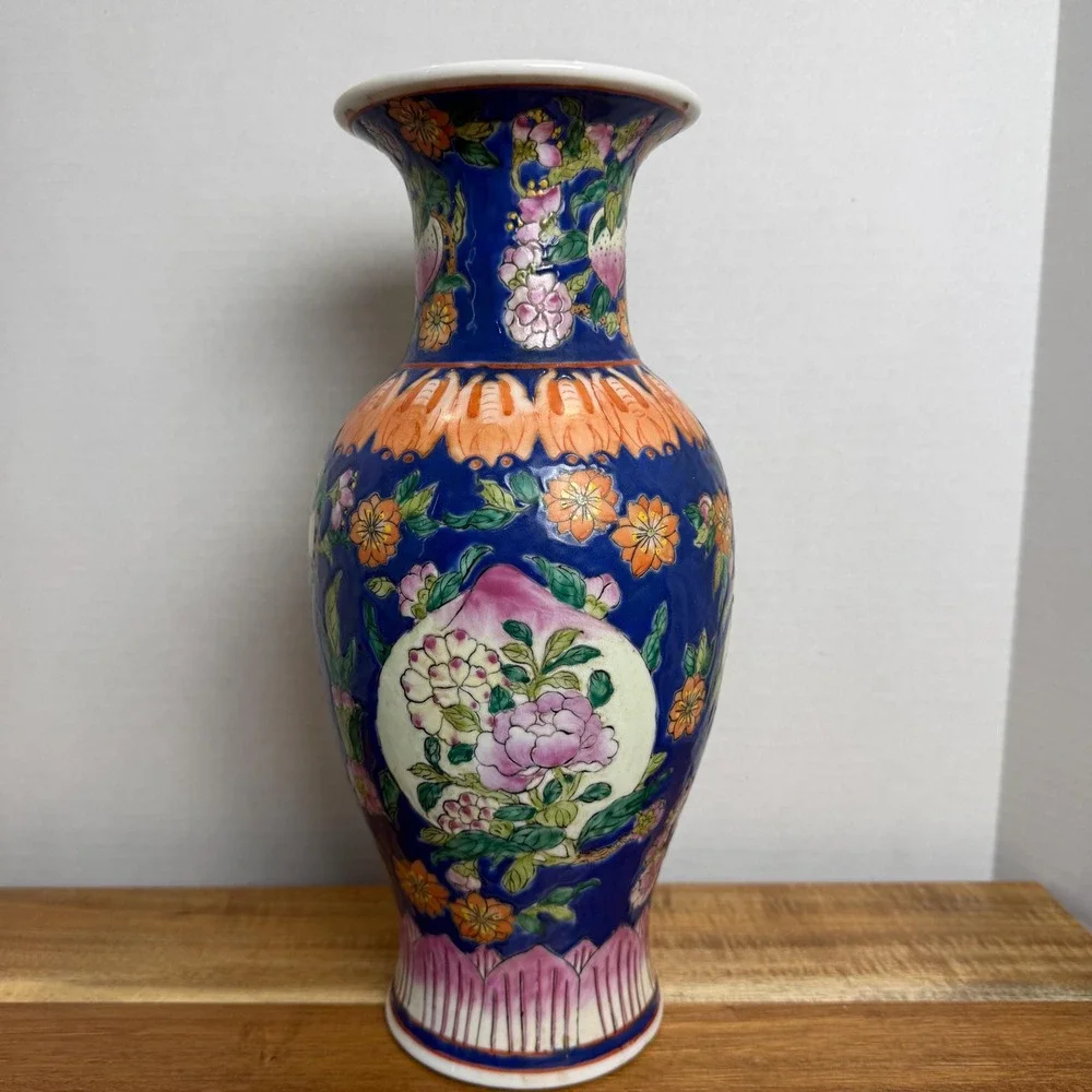 Chinese Vase Famille Rose Floral Cobalt Blue Qianlong Style Chinoiserie